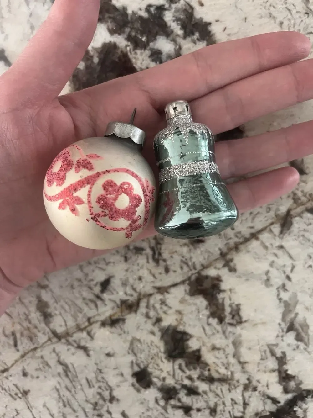 Vintage Mercury Glass Globe And Bell Christmas Ornaments Stenciled 1950s RARE